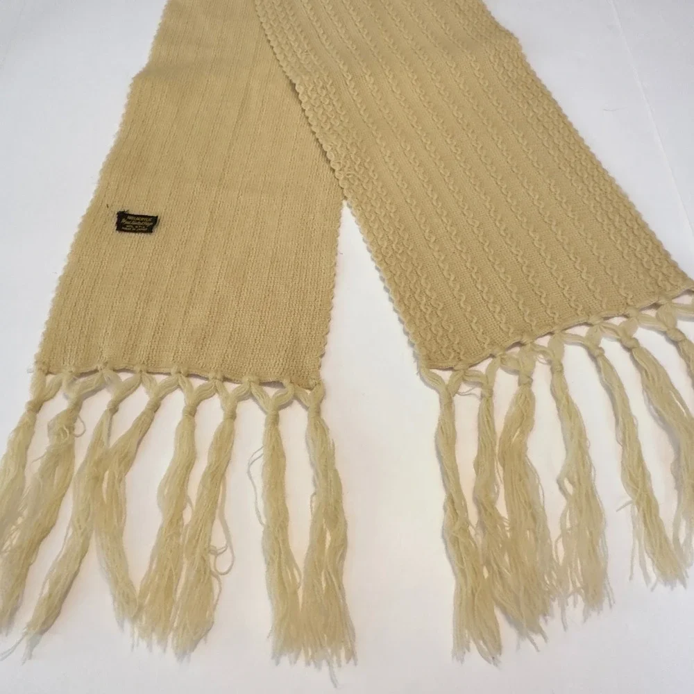 Vintage WPL Cream Cable Knit Scarf Hand Knotted Fringe‎ Made in Japan 66x8.5